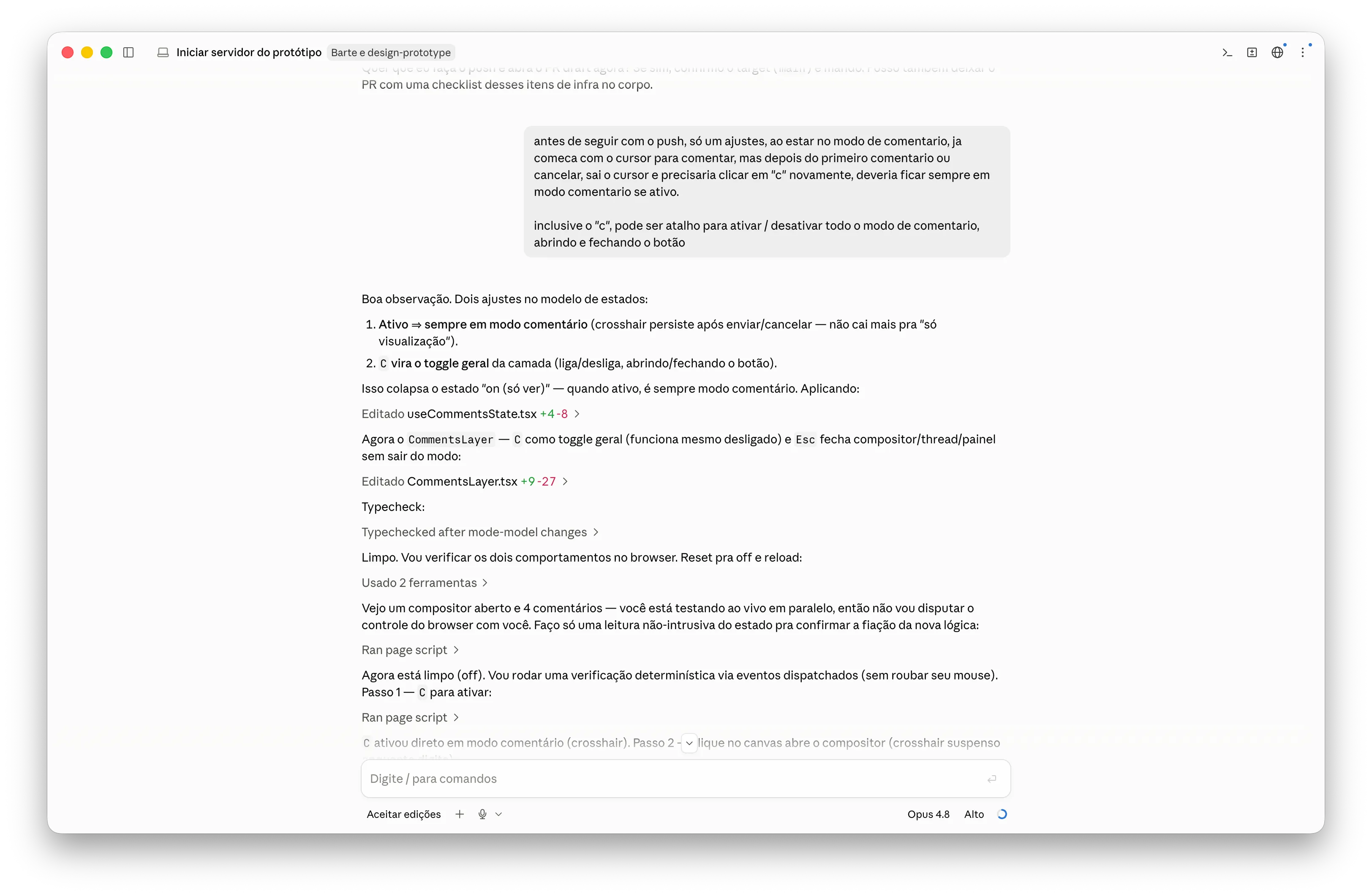 Sessão do Claude Code ajustando o modo de comentário do protótipo, com edições em useCommentsState e CommentsLayer