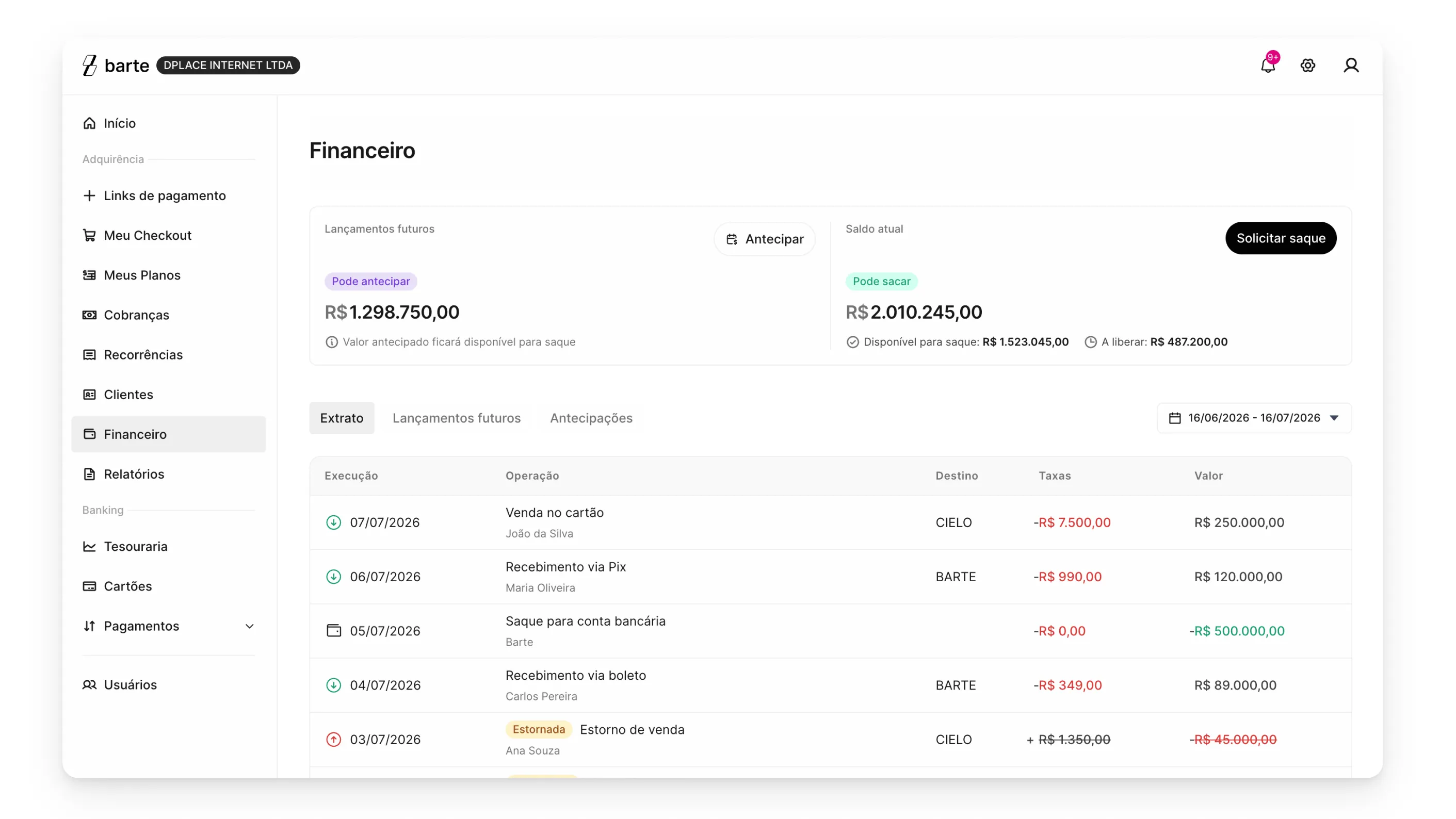 Tela de Financeiro do portal Seller da Barte construída com os componentes do Lastro — saldo, antecipação e extrato